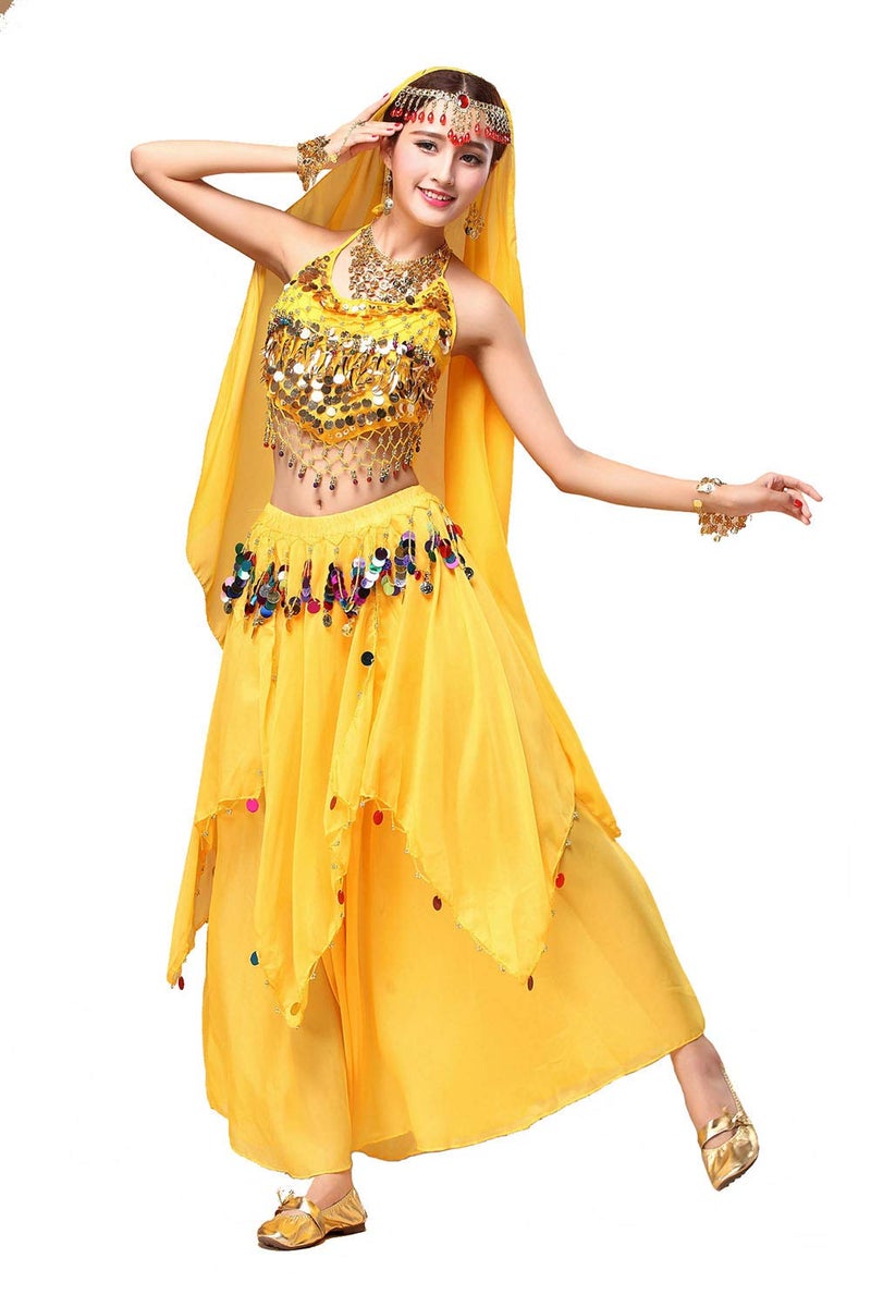 ORIDOOR Women Belly Dance Dress Set Crop Top Padded Bra Top Sparkling Belly Dance Chiffon Skirts with Coins 5-Piece Outfit 02 Yellow â€¦ - Image 3